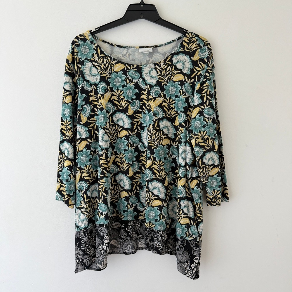 J.Jill Floral Tunic Top Womens 3X Pullover Botanical Swing Sharkbite Hem Artsy